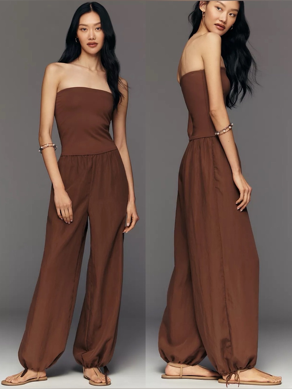 Anthropologie Maeve Strapless Twofer Coffee Brown Tie Cuff Jumpsuit